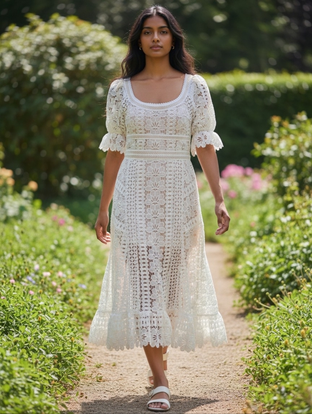 Self Portrait Scoop Neck Empire Waist Floral Lace Midi Dress Size 4 Ruffled